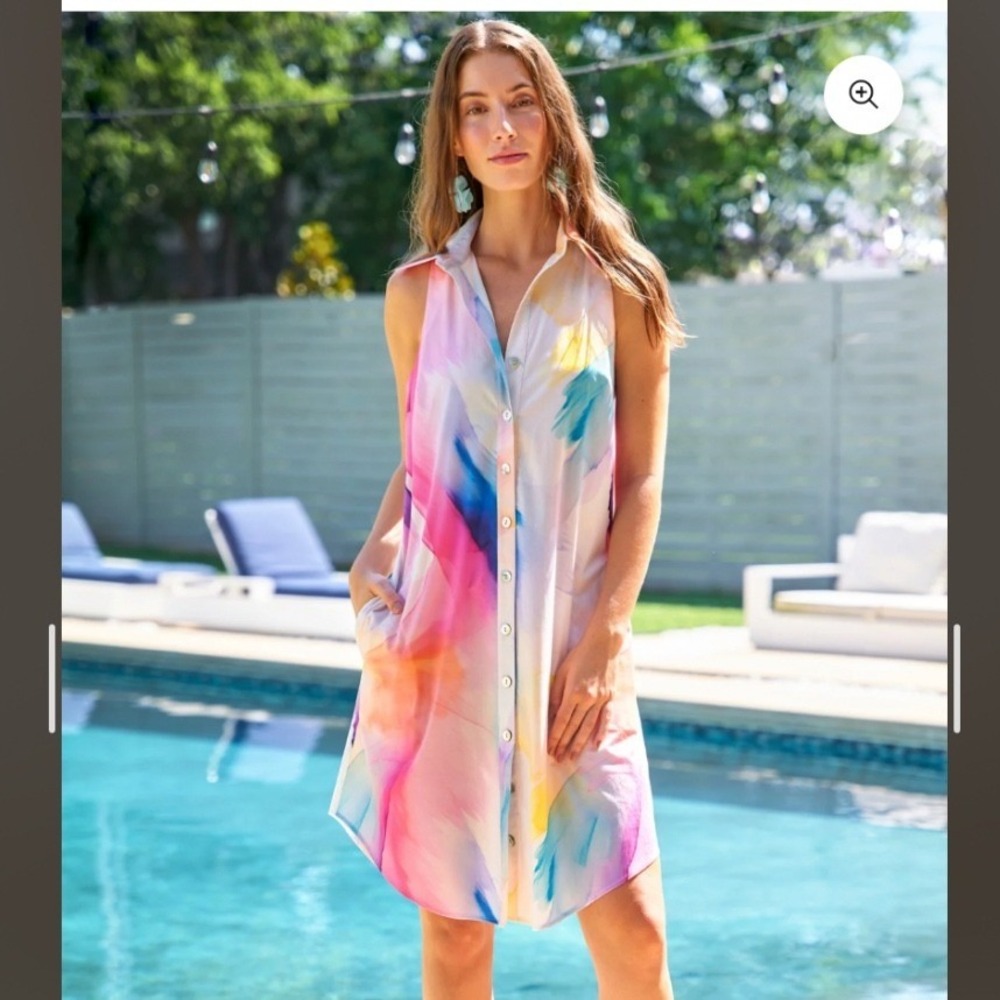 Finley Sleeveless Poplin Shirt Swing A-Line Dress Pink Blue Large